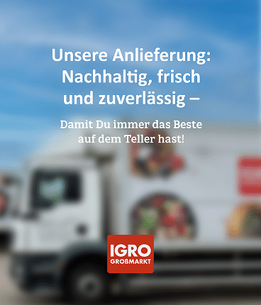 Grafik zur Anlieferung und Warenannahme bei IGRO mit einem Firmen-Lkw und dem Text: Unsere Anlieferung: Nachhaltig, frisch und zuverlässig.