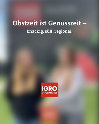 Grafik zum Ertrag der Obstbäume bei IGRO mit dem Text: Obstzeit ist Genusszeit – knackig, süß, regional.