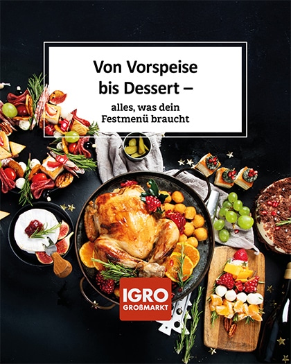 Ein ansprechendes Food-Foto in der Draufsicht auf eine reich gedeckte Weihnachtstafel. In der Mitte steht eine gebratene Gans, umringt von Vorspeisen-Platten, Desserts, Früchten und Käse. Ein weißes Banner enthält den Text: „Von Vorspeise bis Dessert – alles, was dein Festmenü braucht“. Unten ist das Logo von IGRO Großmarkt zu sehen. Zutaten für das perfekte Weihnachtsmenü bei igro.